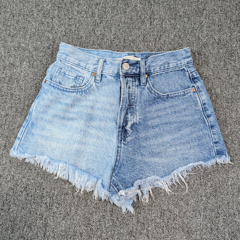 PacSun Two Tone Colorblock Denim Shorts 24 Blue High Rise‎ Raw Hem Button Fly